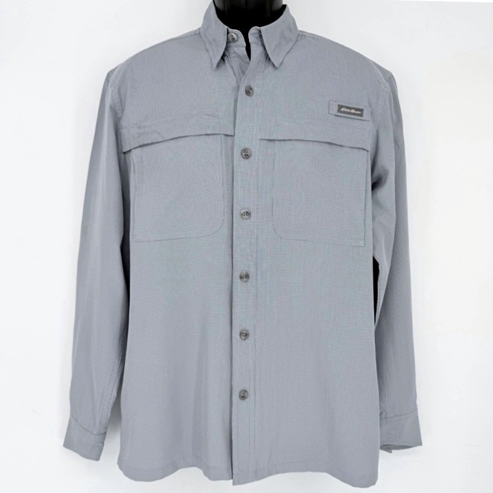 Eddie Bauer Sport Shop Mens Medium Grey Check Fishing Shirt Long Sleeve Vent